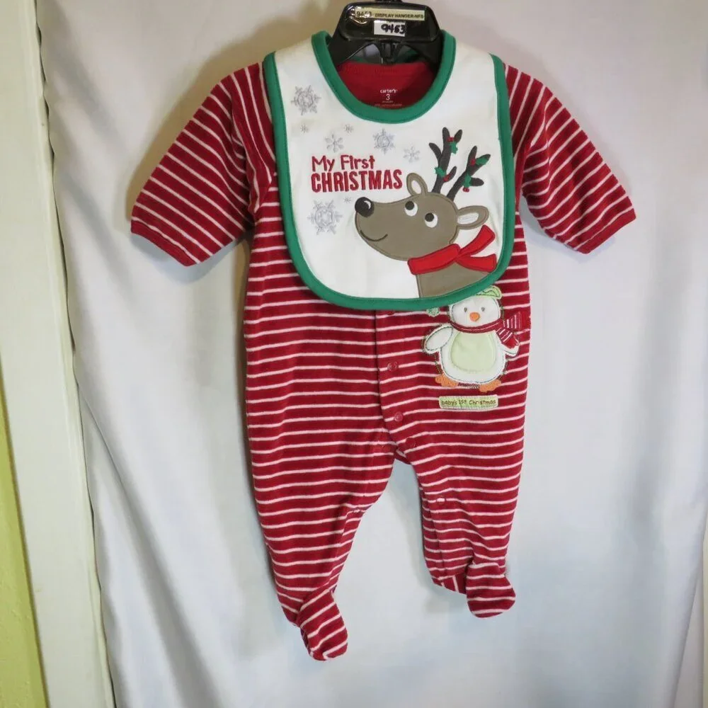 Baby First Christmas Red & White Striped Footed Bodysuit & Embroidered Bib